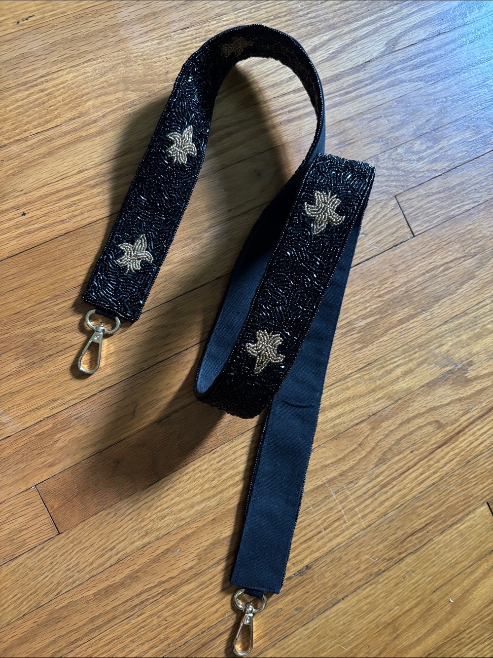 Black Beaded Fleur Accent Bag Strap with Gold Hardware